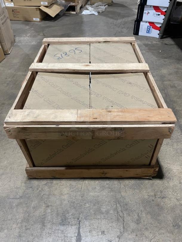 New Adcraft SG-813 dual panini press in crate, stainless steel body, cast iron grooved plates, separate temperature controls.