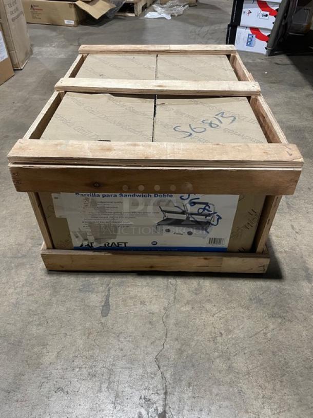 Adcraft SG-813 dual panini press in crate; all stainless steel, cast iron grooved plates, separate temp controls, 120V.