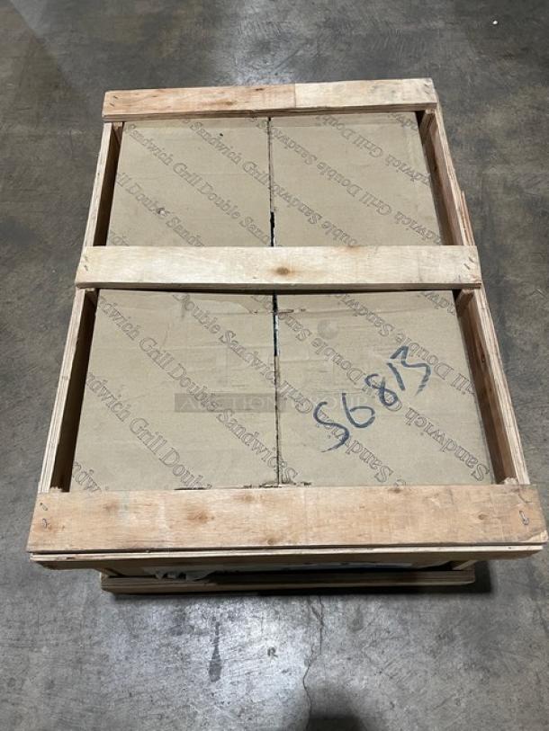 New Adcraft SG-813 dual panini press crated, all stainless steel, cast iron grooved plates, separate temperature controls, 120V.