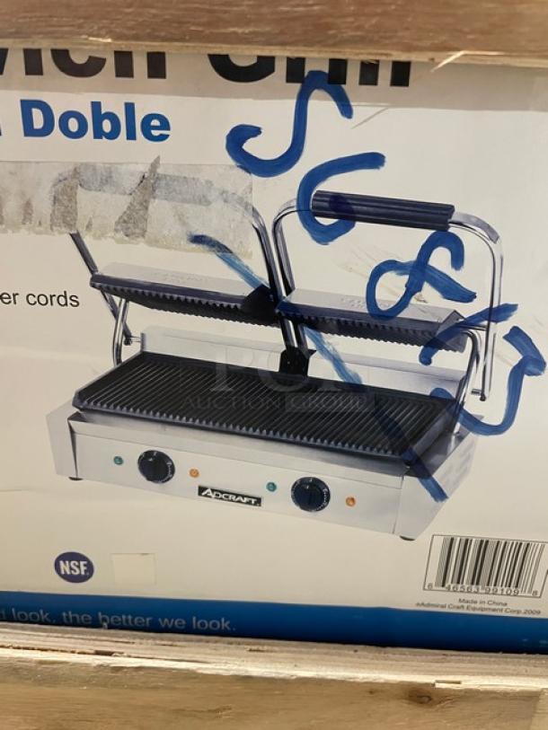NEW Adcraft SG-813 Dual Panini Press; stainless steel, dual temperature controls, cast iron grooved plates, 120V, in crate.