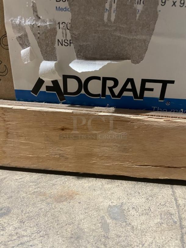 New Adcraft SG-813 dual panini press in crate, features stainless steel body, cast iron grooved plates, separate controls.