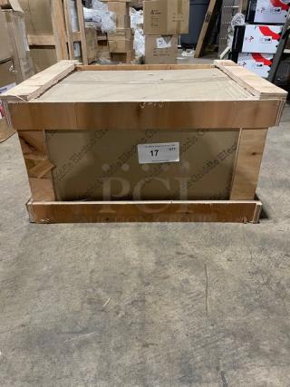 New Adcraft 16" stainless steel countertop electric griddle in original crate with back and side splashes, model number visible.