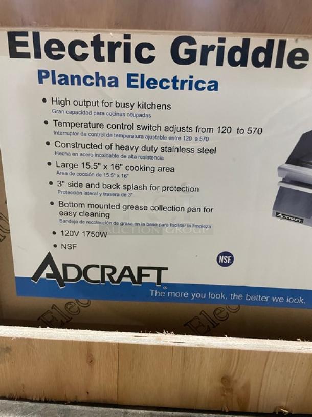Adcraft 16" stainless steel electric griddle, new in crate, 120V, with back and side splashes, grease pan, adjustable temp.
