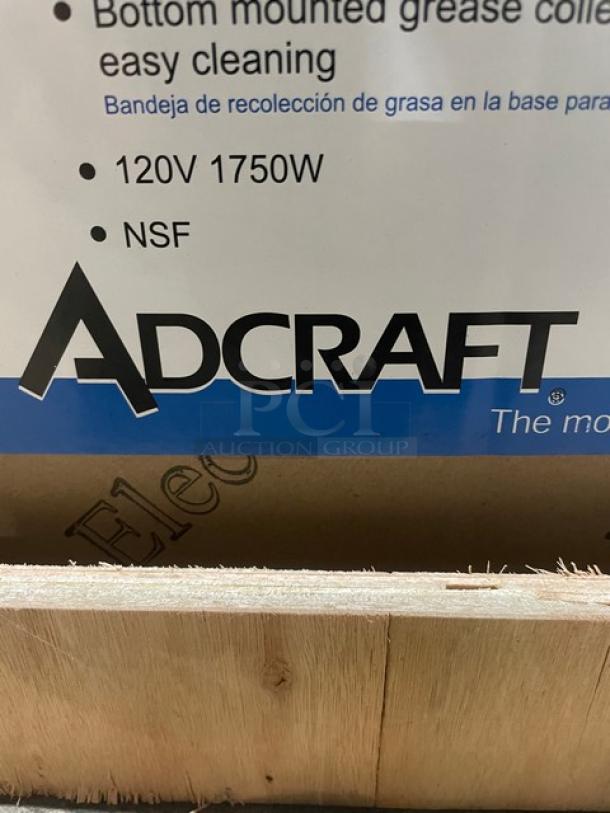 Adcraft electric 16" flat griddle in crate, all stainless steel, 120V, 1750W, with back and side splashes, NSF certified.
