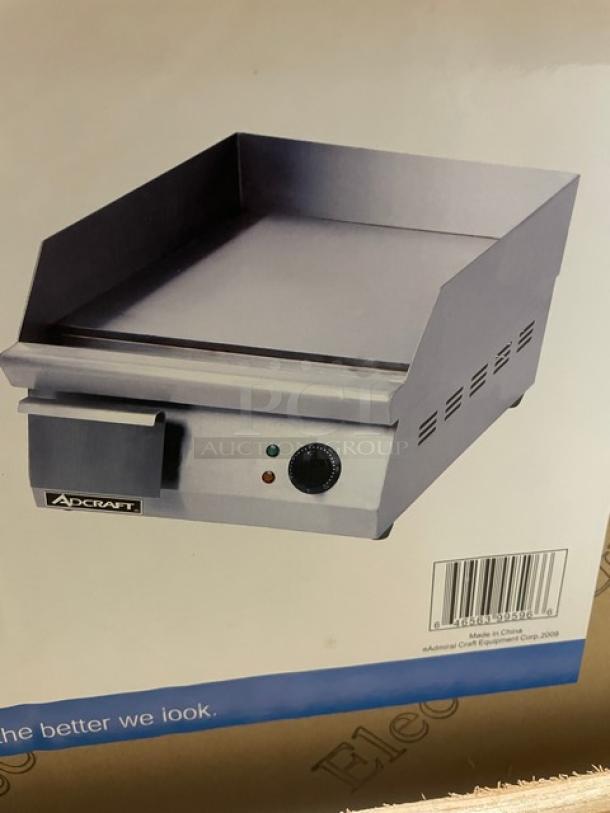 Adcraft 16" stainless steel electric griddle, new in crate, with back and side splashes, 120V, commercial countertop model.