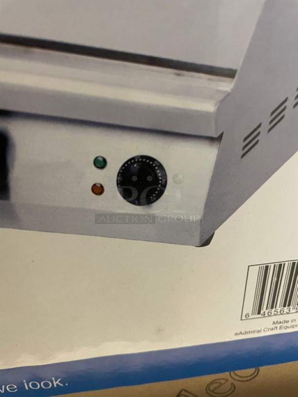 New Adcraft 16" Electric Griddle, stainless steel, countertop model with back and side splashes, control knobs, 120V.