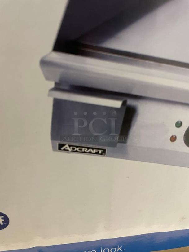 NEW Adcraft 16" stainless steel electric countertop griddle with back & side splashes; features brand logo and 120V power.