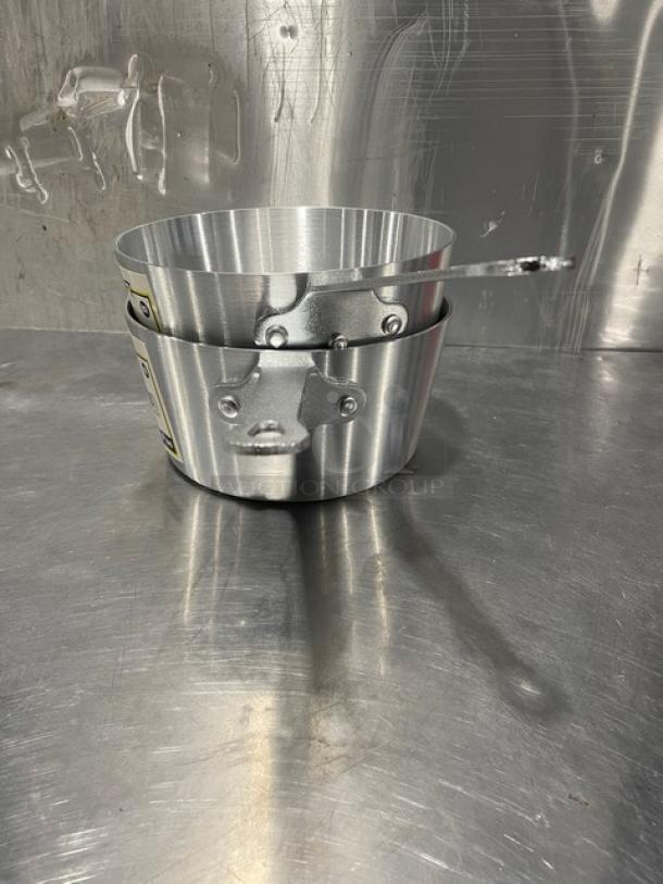 New Adcraft Hyperion 3 Series Tapered Saucepans, Model H3-TSP4. Stack of two. Sleek stainless steel finish.