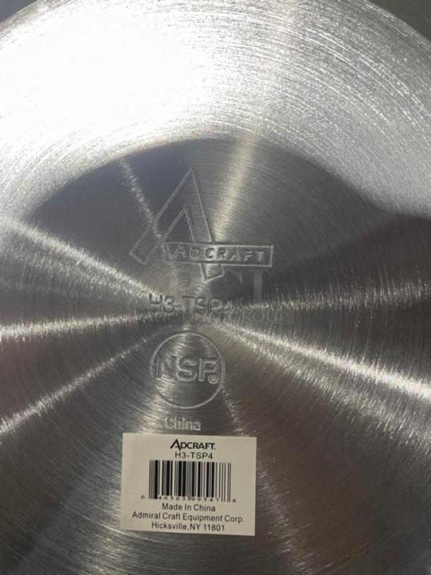 Adcraft Hyperion 3 Series saucepan, model H3-TSP4, embossed with Adcraft logo, NSF certification, and origin label.