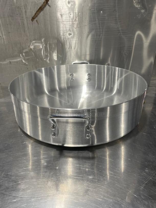 Adcraft Aluminum Brazier Pot, 28 Quart, Model H3-BR28, brand new, with riveted handles, polished finish.
