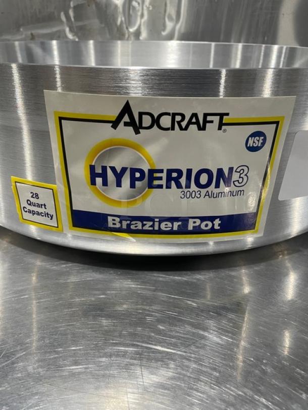 Adcraft H3-BR28 Aluminum Brazier Pot, 28 Quart Capacity, Brand New, with Handles, marked "Hyperion 3" and "NSF."