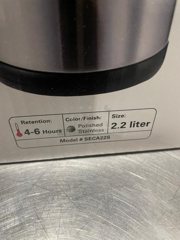 Service Ideas SECA22S 2.2L push-button air pot, new in box, stainless insulated liner, 4-6 hour retention, polished finish.