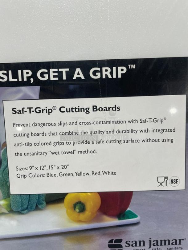 Brand new San Jamar Saf-T-Grip Cutting Board, features anti-slip grips. Sizes: 9"x12", 15"x20". Colors: blue, green, yellow, red, white.