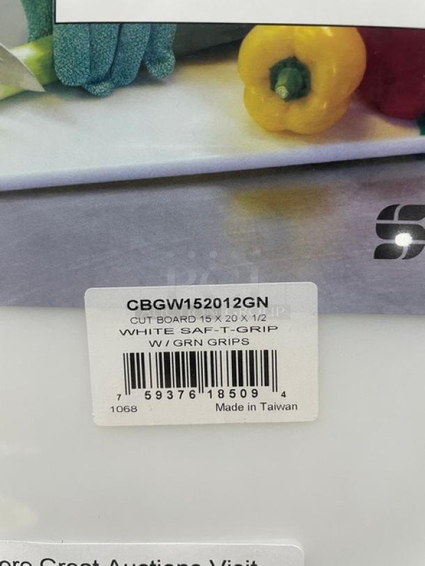 San Jamar Saf-T-Grip Cutting Board, 15x20x0.5 inches, white with green grips, model CBGW152012GN, brand new.