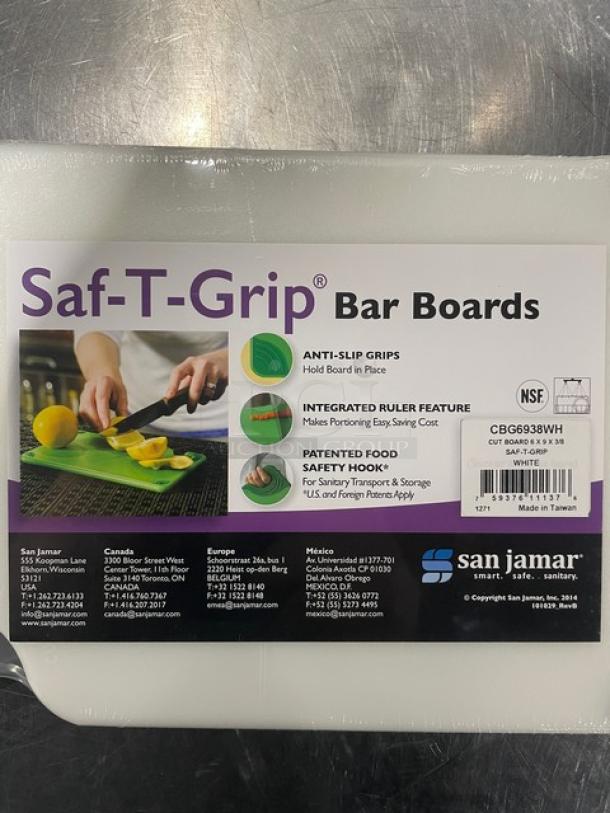 San Jamar Saf-T-Grip Bar Boards with anti-slip grips, integrated ruler, and safety hook. New condition. Model CBG6938WH.
