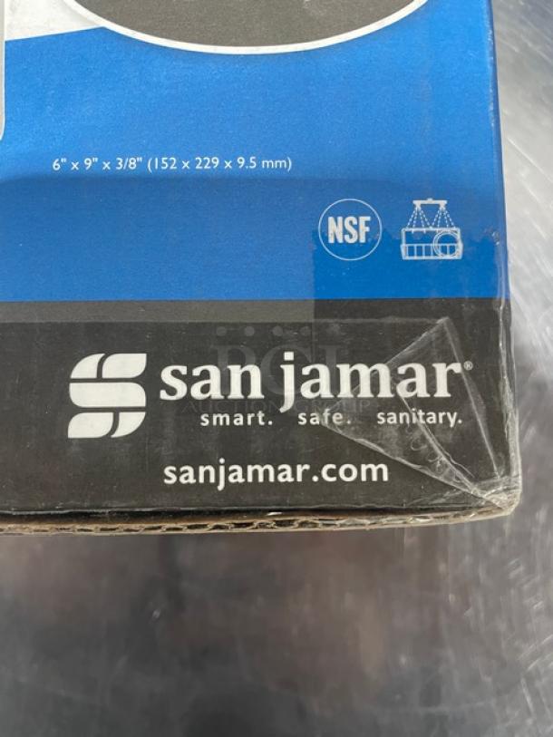San Jamar Saf-T-Grip Bar Boards packaging, size 6"x9"x3/8", features anti-slip grips, NSF certified. Brand logo visible.