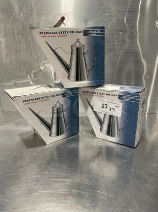 Brand new Adcraft OC-24 stainless steel oil cans in box. Set of three. Packaging shows model name and features.