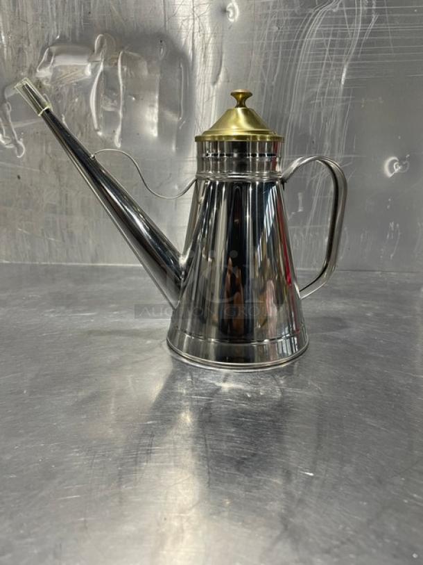 Adcraft OC-24 stainless steel oil can, brand new, featuring a long spout, dual handles, and a brass lid.
