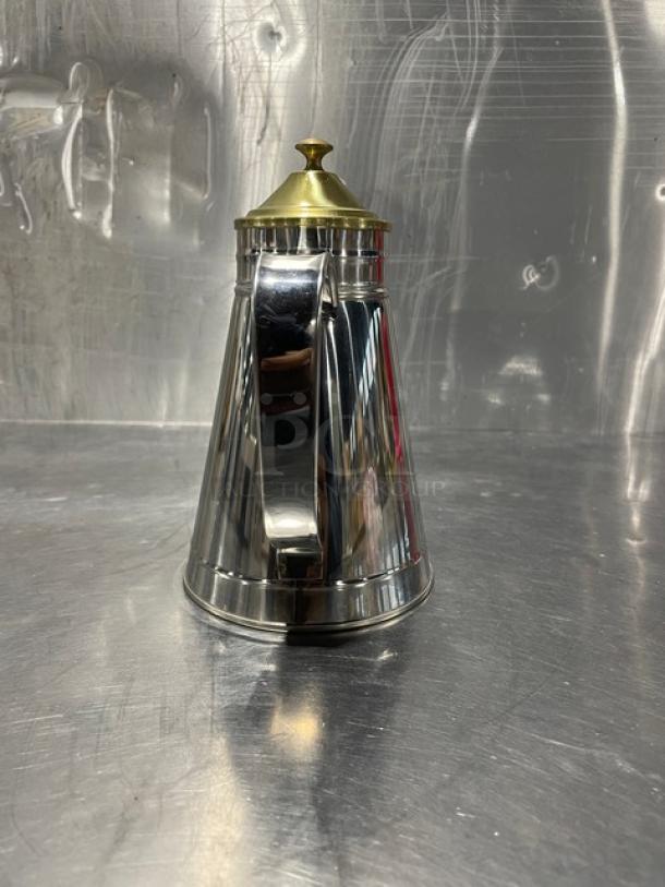 Adcraft Stainless Steel Oil Can, Model OC-24, brand new in box, features brass lid, reflective finish, pristine condition.