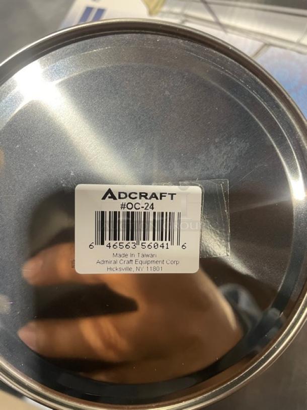 BRAND NEW Adcraft OC-24 stainless steel oil can with label. Made in Taiwan. Includes model and manufacturer details.