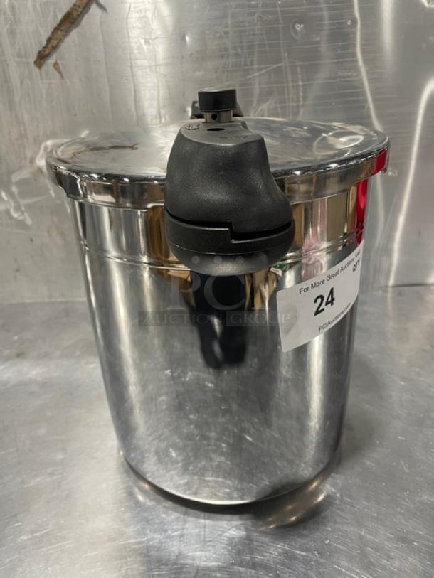 Sitram 13L pressure cooker, new, with lid and handles, Sitramax Series, stainless steel, item tag showing "24".