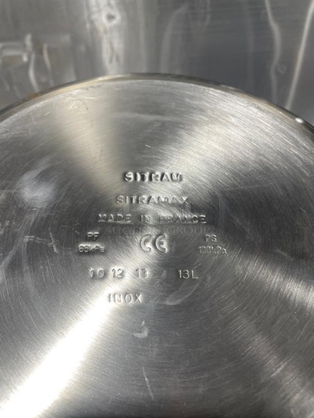 Sitram 13L pressure cooker bottom, stainless steel, Sitramax series, made in France, new condition with markings displayed.