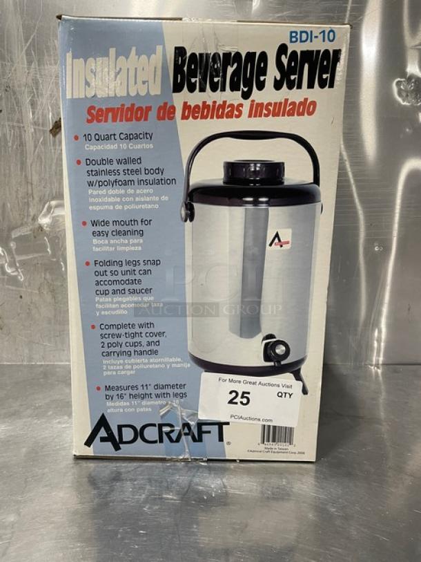 Adcraft 10 Quart Insulated Beverage Server, Model BDI-10, stainless steel, new in box, with carry handle and tags.