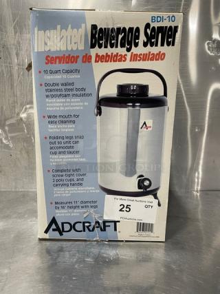 Adcraft 10 Quart Insulated Beverage Server, Model BDI-10, stainless steel, new in box, with carry handle and tags.