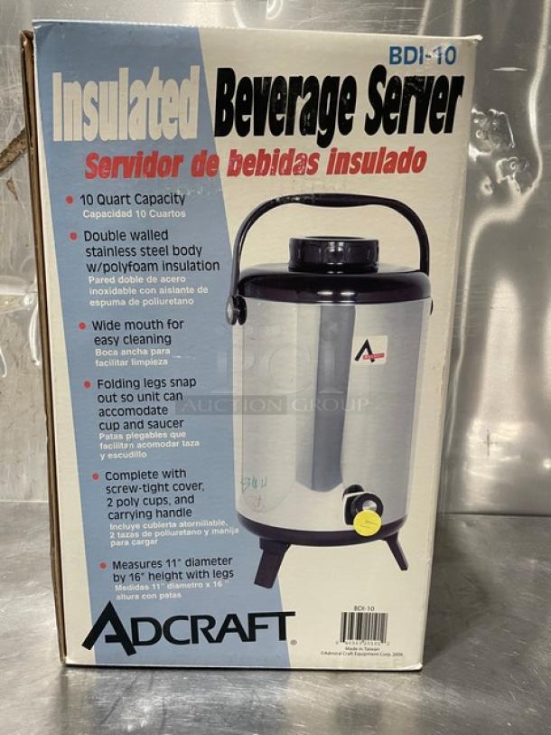 Adcraft BDI-10 10 Quart Insulated Beverage Server, new in box, stainless steel body, carry handle, double-walled insulation.