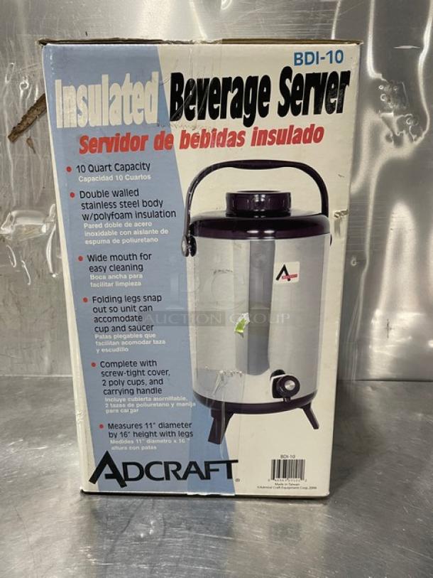 Adcraft BDI-10 10 Quart Insulated Beverage Server, new in box, stainless steel, carry handle, wide mouth, folding legs.