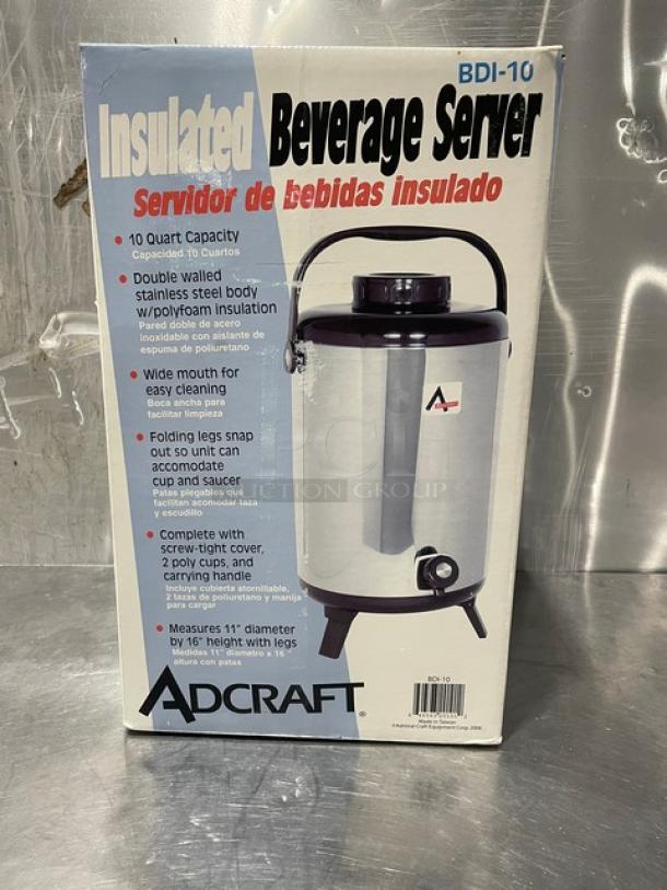 NEW Adcraft BDI-10, 10 qt insulated beverage server, stainless steel, carry handle, boxed, ideal for catering.