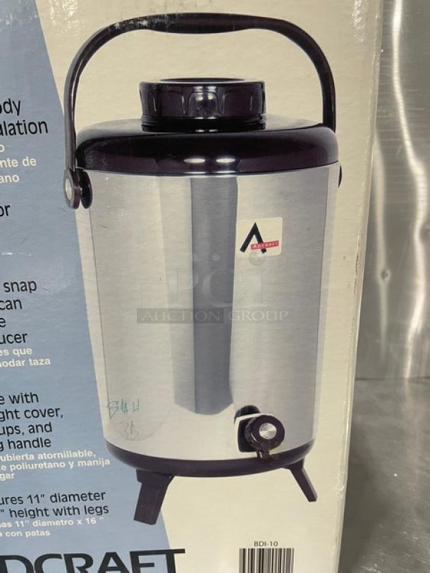 Adcraft 10 Quart Insulated Beverage Server, Model BDI-10, new in box, stainless steel with carry handle.