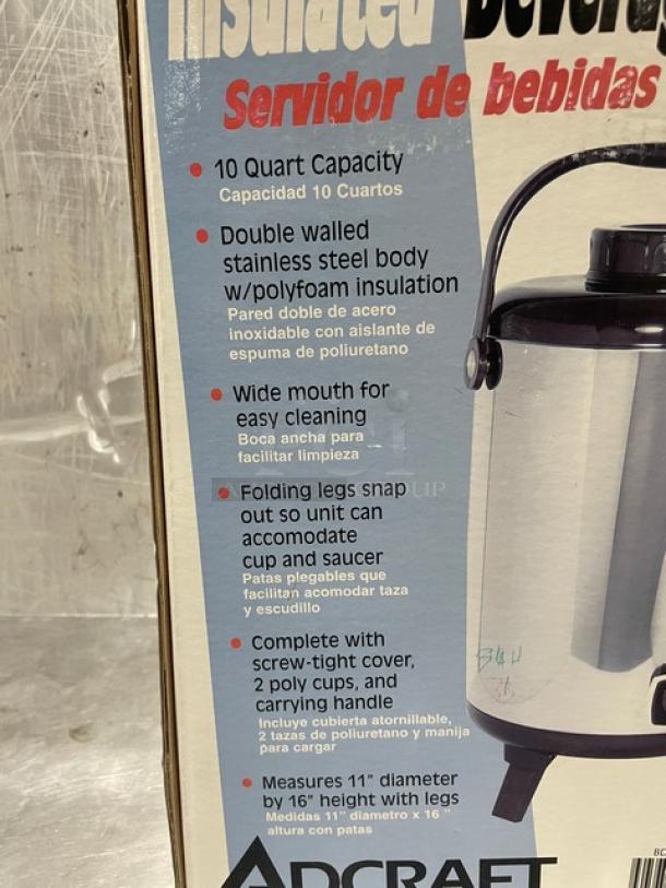 NEW Adcraft 10 Quart Insulated Beverage Server, Model BDI-10. Stainless steel, polyfoam insulation, with carrying handle.