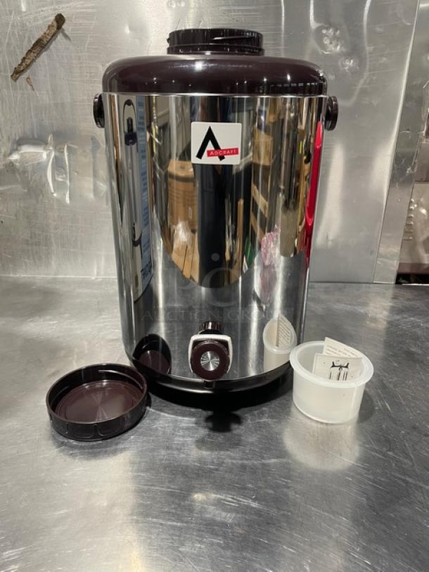 NEW Adcraft BDI-10 insulated 10-quart beverage server, stainless steel, with carrying handle, includes lid and spout.
