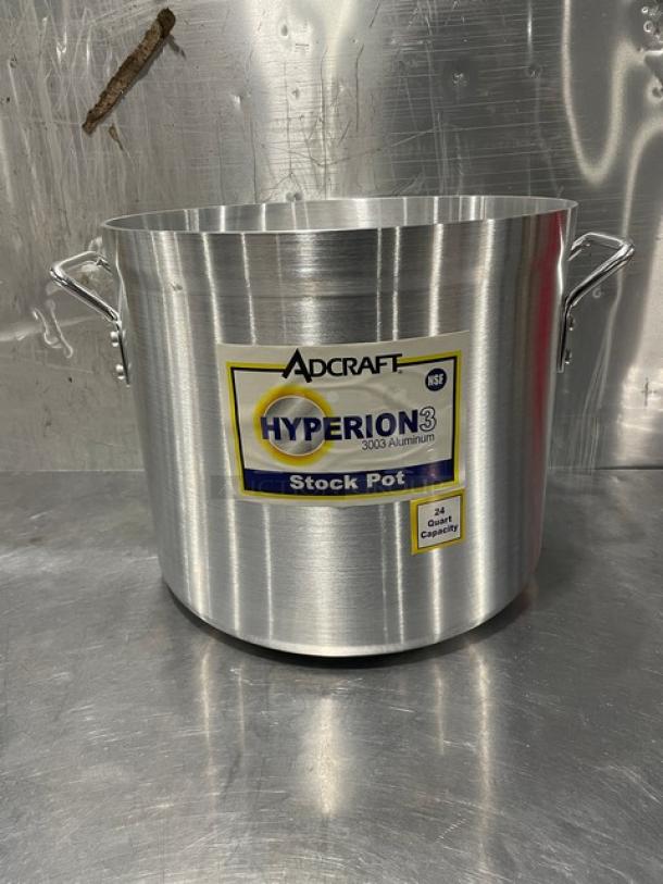 Adcraft 24 Quart Stock Pot, Model H3-SP24, part of Hyperion 3 Series. Brand new, with sturdy handles, 3003 aluminum.