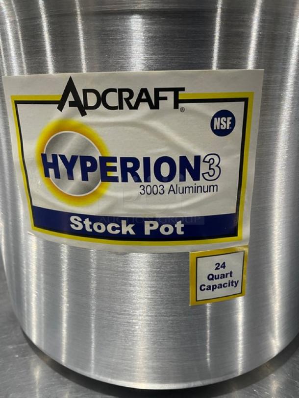 Brand new Adcraft Hyperion 3 stock pot, Model H3-SP24, 24-quart capacity, 3003 aluminum, with handles.