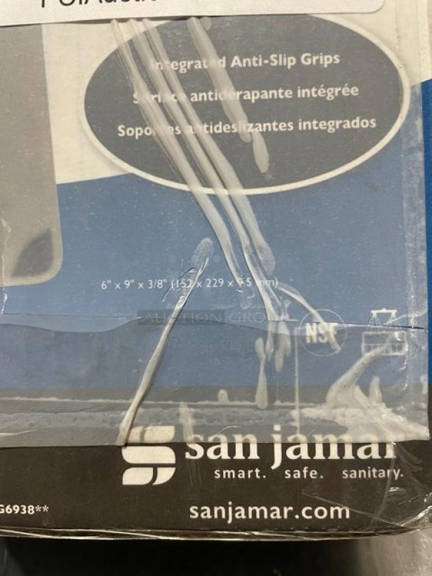 San Jamar Saf-T-Grip Bar Boards, new, with integrated anti-slip grips. Dimensions: 6x9x3/8 in. Packaging details visible.