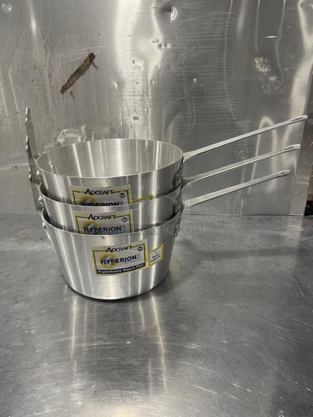 Adcraft 7 Quart Fryer/Saucepan, Model H3-FP7, Hyperion 3 Series, new condition, stack of three with labels.