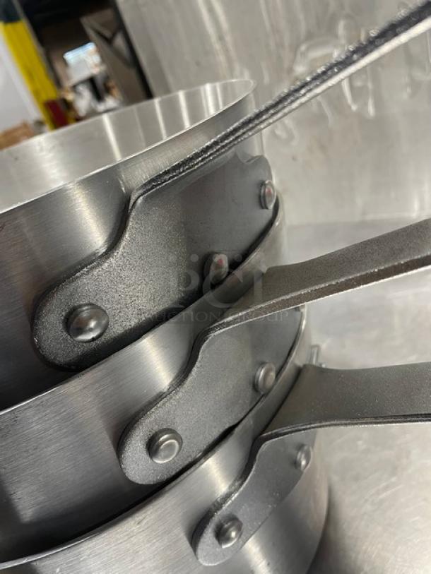 NEW Adcraft 7 Quart Fryer/Saucepan, Hyperion 3 Series, Model H3-FP7, stainless steel, new condition, stack view of three.