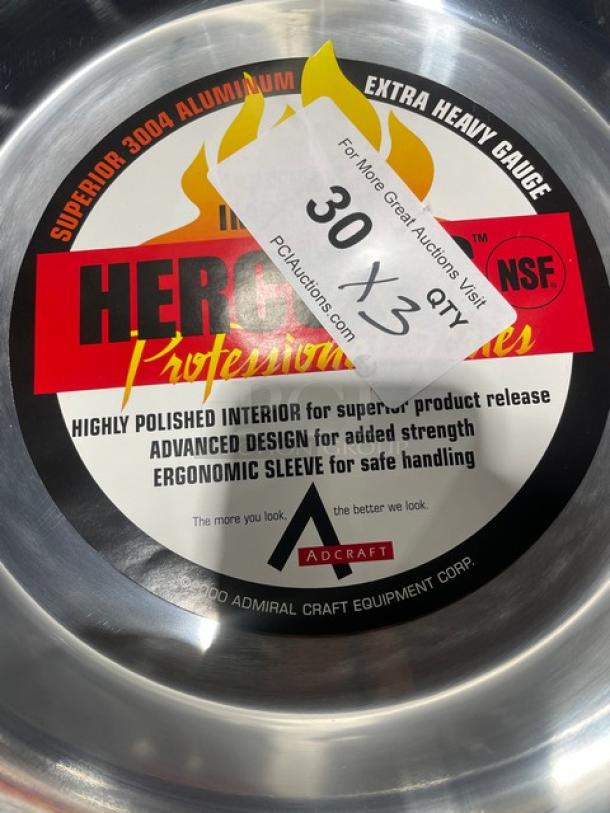 Adcraft Aluminum Frying Pan, Model HER-12FP/4, new condition. Features rubber grip handle and highly polished interior.