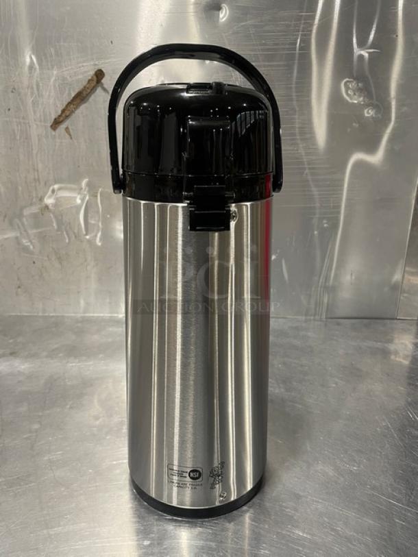 Service Ideas 2.5L Eco Air Series ECA22S air pot, glass-lined, push-button, stainless steel, new in box.