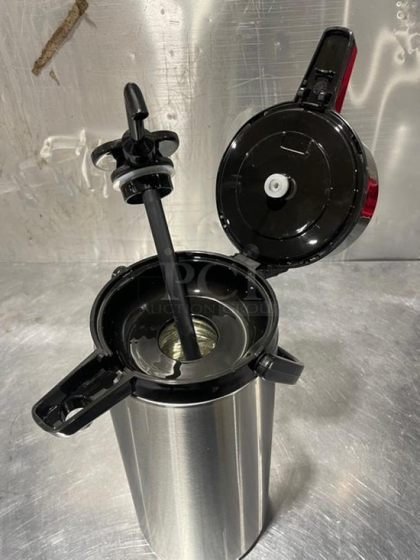 Service Ideas 2.5L Air Pot, Eco Air Series, Model ECA22S, glass lined, stainless steel, push button, open lid view.