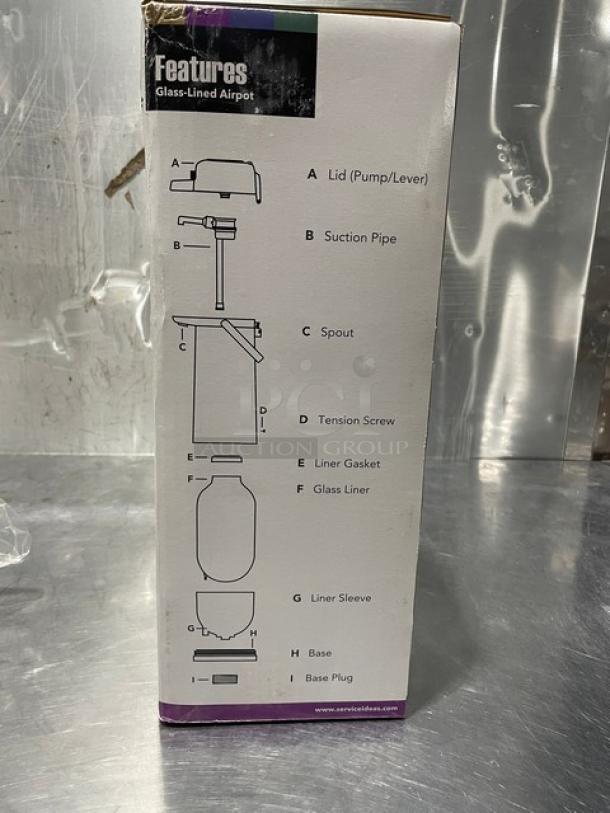 Service Ideas Eco Air Series 2.5L Air Pot, model ECA22S, new in box. Features glass liner, push button operation.