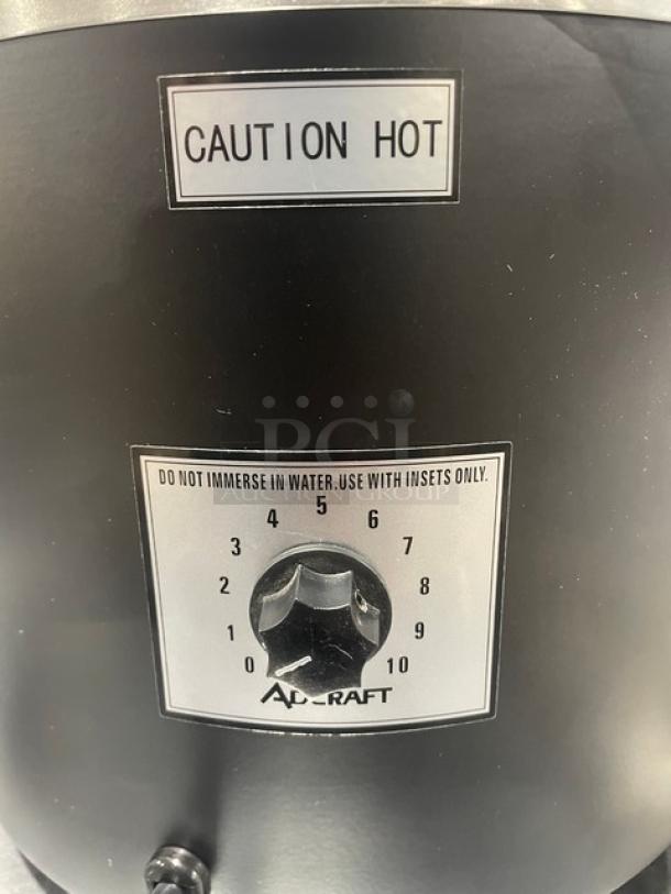 Adcraft Countertop 11 Quart Cooker/Warmer, Model FW-1200WR/B, new in box, stainless steel interior, caution and usage labels visible.