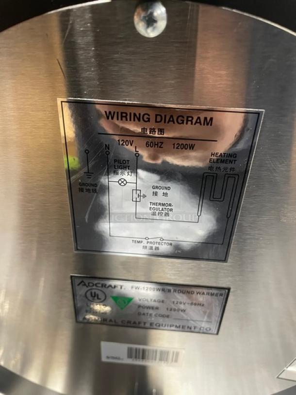 Adcraft FW-1200WR/B Countertop 11 Quart Cooker/Warmer, stainless steel, 120V, wiring diagram and UL certification label visible.