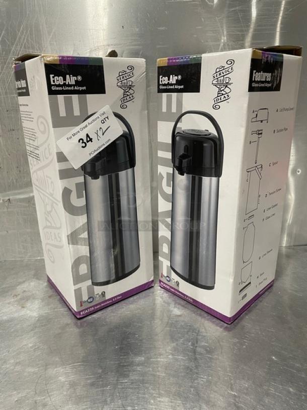 New Service Ideas 2.5L Glass Lined Air Pot, Model ECA22S, in box. Eco Air Series, push button, two units per bid.