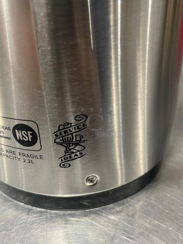 Service Ideas Air Pot, Model ECA22S, stainless steel, glass lined, 2.5L capacity, NSF certified, Eco Air Series markings visible.