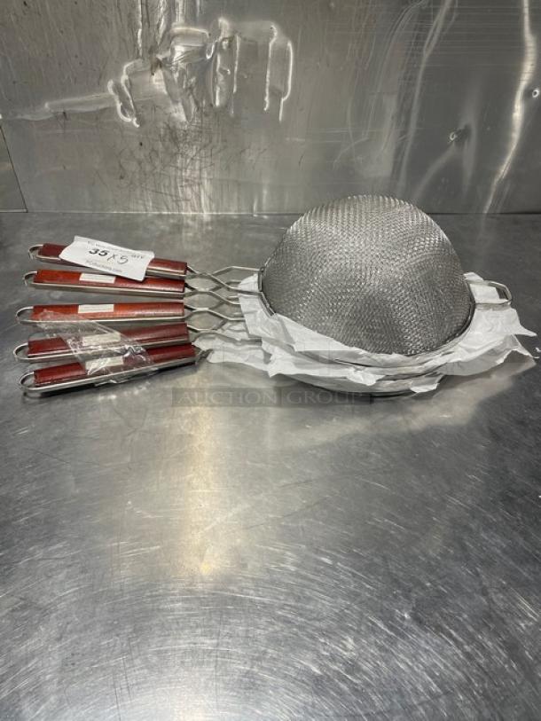 Adcraft DSM-10 Deluxe 10" Double Mesh Strainer, new condition, red handles, set of 5, ideal for fine straining tasks.