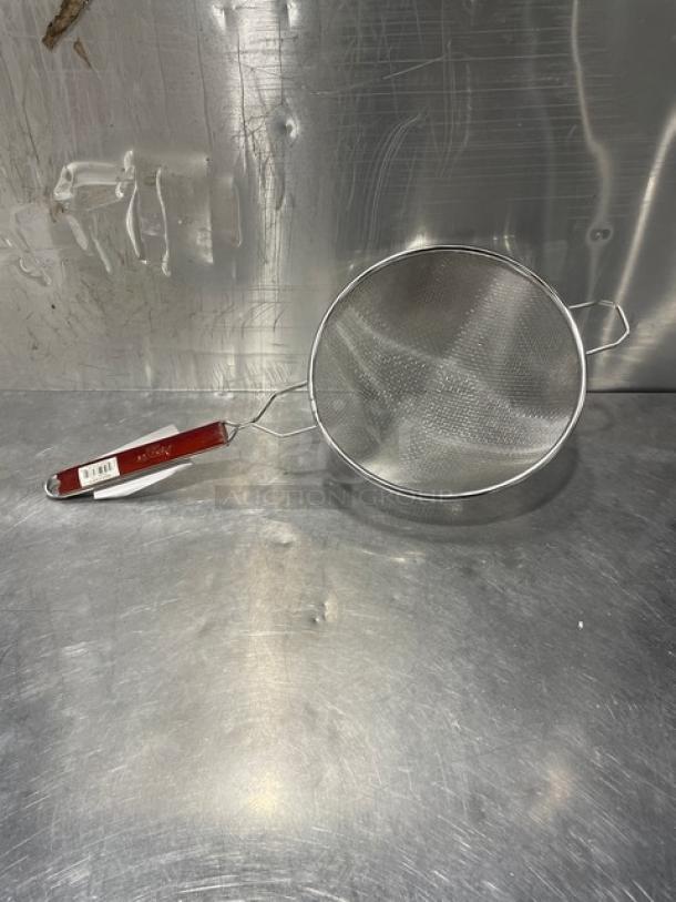 NEW Adcraft Deluxe 10" Double Mesh Strainer, Model DSM-10. Features durable mesh, wooden handle, and metal frame.