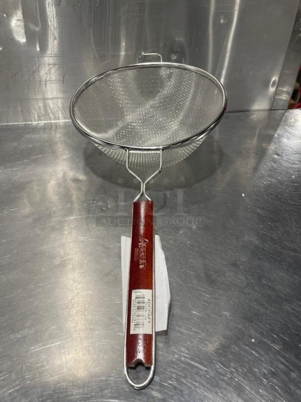 NEW Adcraft Deluxe 10" Double Mesh Strainer, Model DSM-10, with wooden handle. Pristine condition, tagged with brand label.